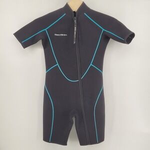 SeaSkin Shorty Wetsuit Mens XL Black Blue Neoprene Short Sleeve Front Zip Surf